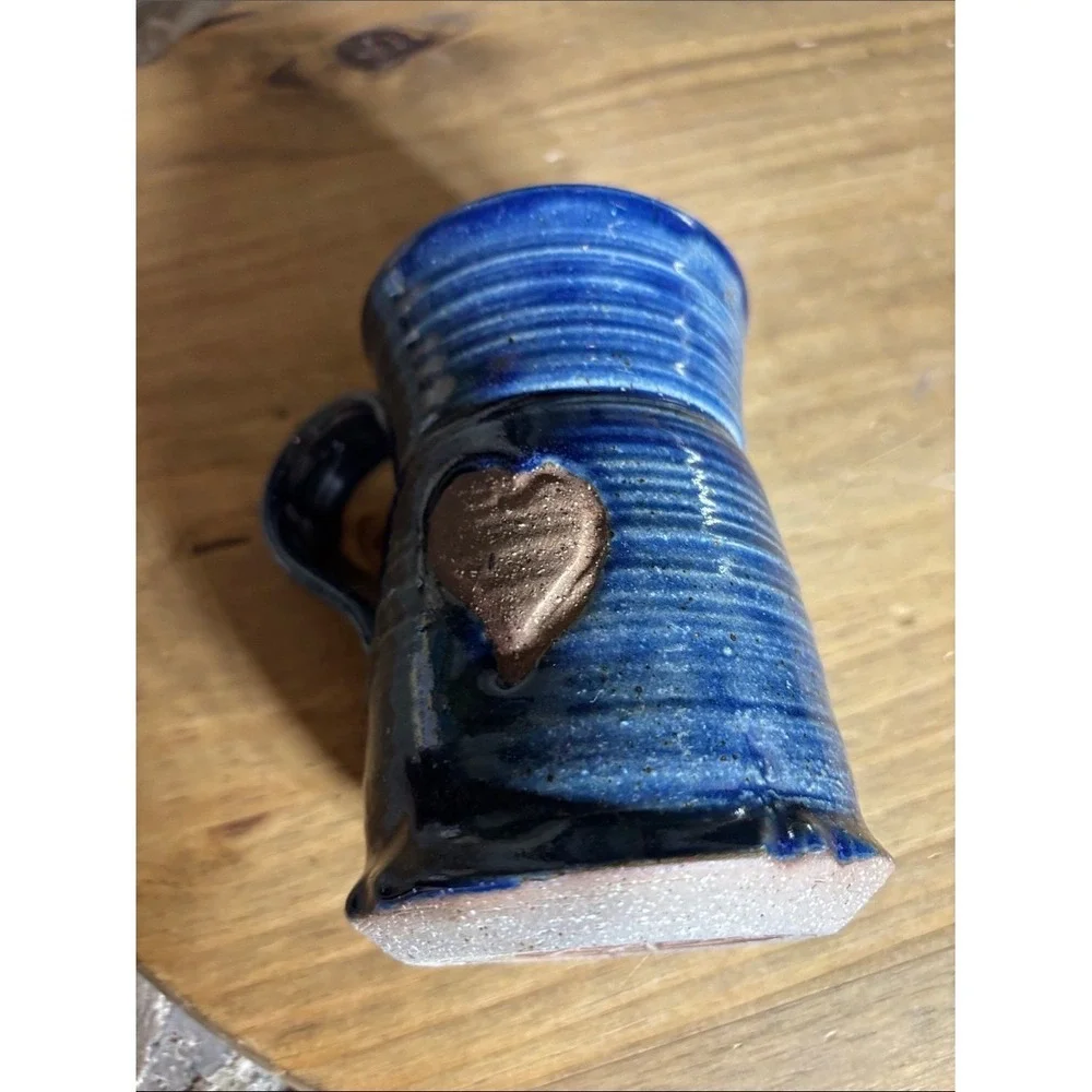 Vintage‎ Handmade Blue Stoneware Mug w/Heart Accent Signed GIFT Rustic Farmhouse
